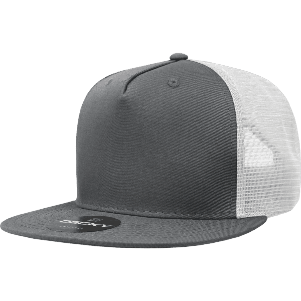 A grey trucker cap with a white mesh back and a flat peak, featuring a logo on the front.