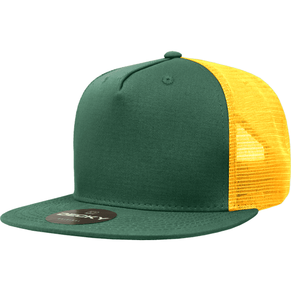 A green and yellow 5 panel high pro cotton/poly blend trucker cap with a mesh back and a branded logo.
