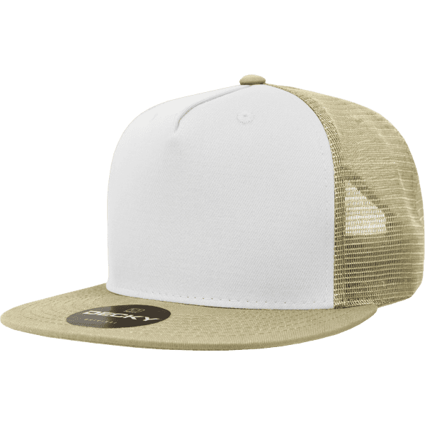 A structured trucker cap in white and khaki with a mesh back and a logo on the side.