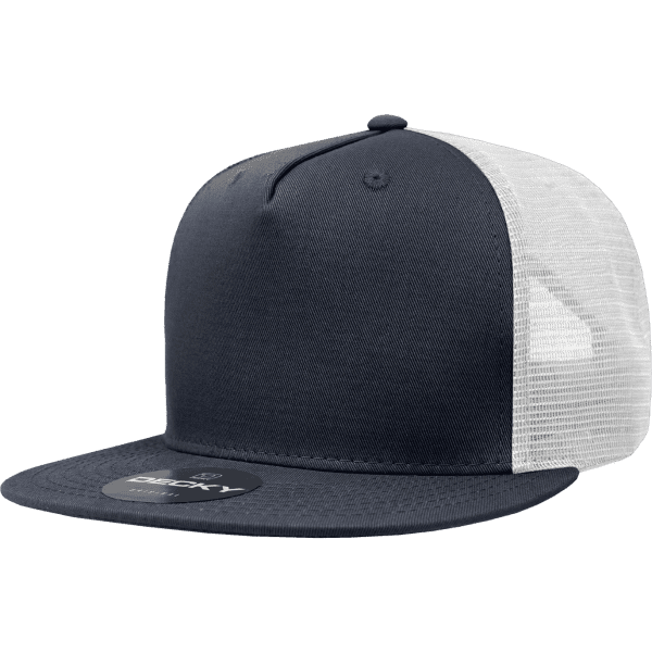 A navy blue trucker cap with a white mesh back and a flat brim, featuring a logo on the front.