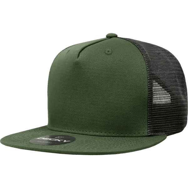 A green and black 5 panel trucker cap with a mesh back and a logo on the front.