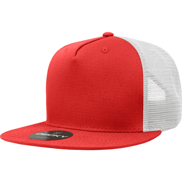 A red and white trucker cap featuring a flat brim and a logo on the front.