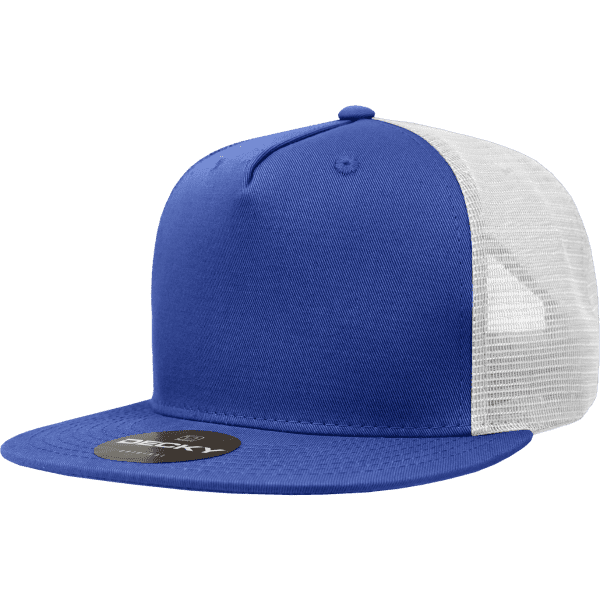 A blue and white 5 panel trucker cap with a flat brim and logo on the front.
