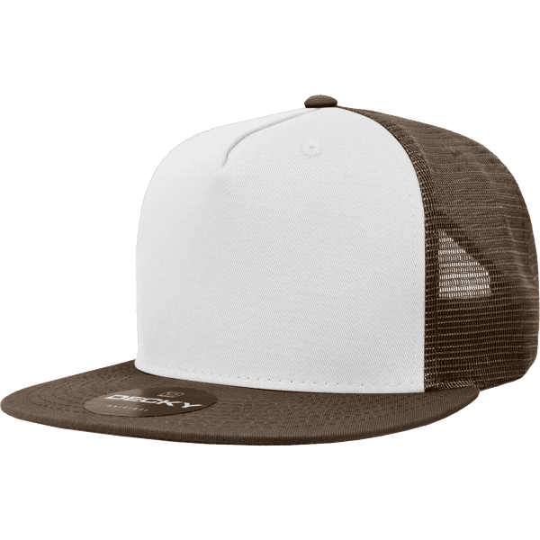 A 5-panel high profile trucker cap in white with a brown brim and mesh sides, featuring a logo.