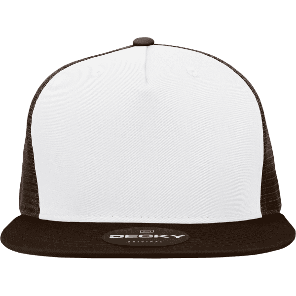 A high-profile structured trucker cap featuring a white front and a black mesh back, with a round logo on the brim.