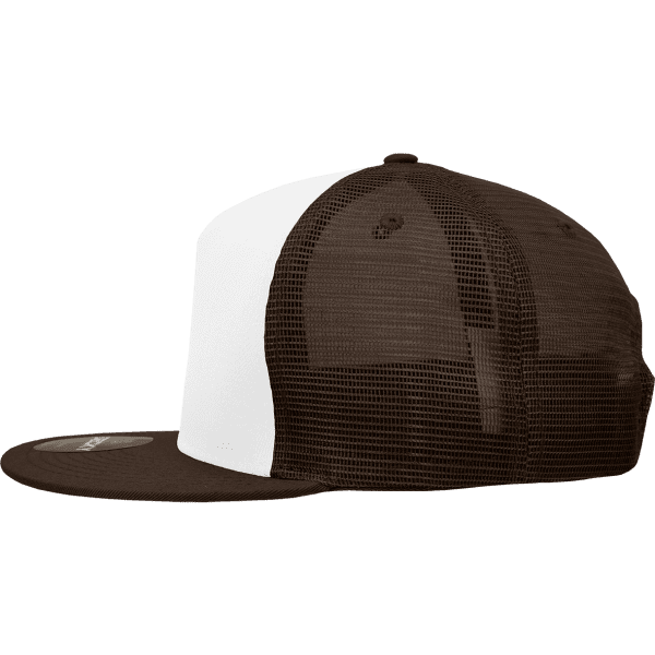 A high-profile structured trucker cap featuring a brown mesh back and white front panel, complete with a logo.