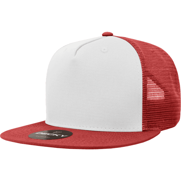 A red and white 5-panel trucker cap featuring a flat brim and a logo on the front.