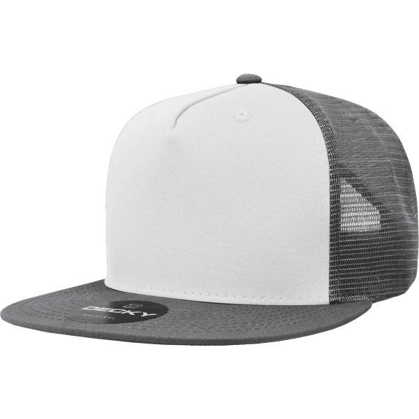 A 5-panel trucker cap in white and grey, featuring a mesh back and a flat brim, with a logo on the front.