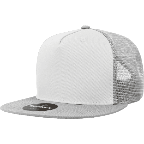 A grey and white 5-panel high pro cotton/poly blend trucker cap with a mesh back and a circular logo.
