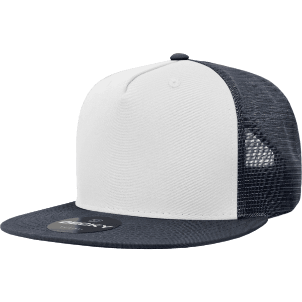 A navy and white trucker cap featuring a solid front design and mesh back, with a logo on the front.