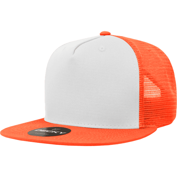 A 5-panel trucker hat with an orange front and white mesh back, featuring a flat brim and a logo.
