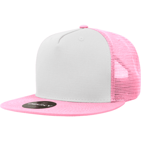 A pink and white 5 Panel High Pro Cotton/Poly Blend Trucker cap with a mesh back and a branded logo.
