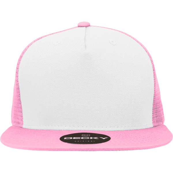A pink and white 5 Panel High Profile Structured Trucker cap with branding on the front.