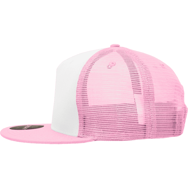 A high-profile structured trucker cap in pink and white, featuring a mesh back and a flat brim. There is a logo present.