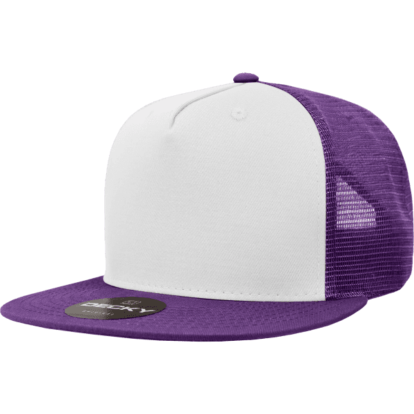 A purple and white 5 panel high pro cotton/poly blend trucker cap with a logo on the front.