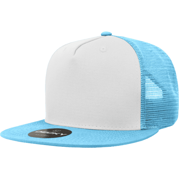 A blue and white trucker cap with a mesh back and a flat brim. It features a logo on the front.