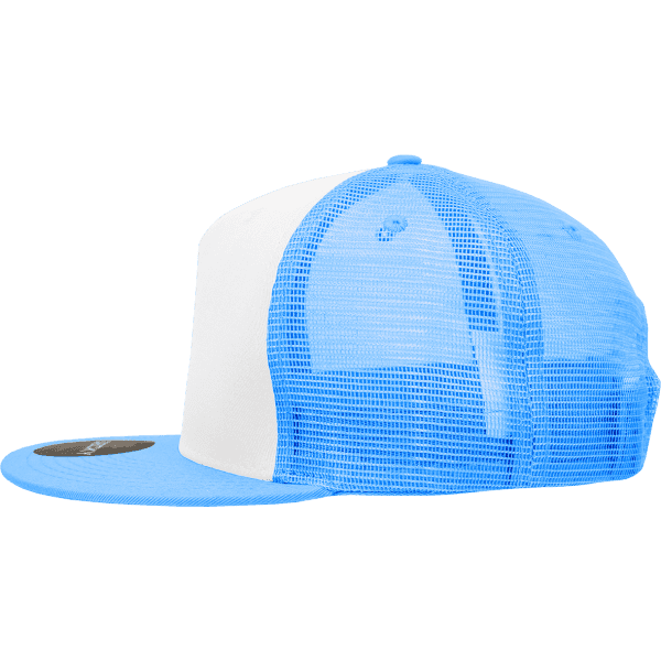 A blue and white 5 Panel High Profile Structured Trucker hat with a mesh back and a solid front panel.