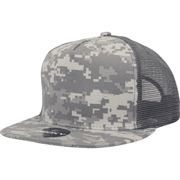 A grey camo trucker cap featuring a flat brim and a mesh back, complete with a branding logo.