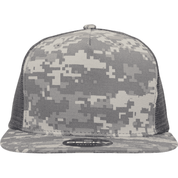 A high-profile structured trucker cap in a grey camouflage pattern with a branded logo on the front.