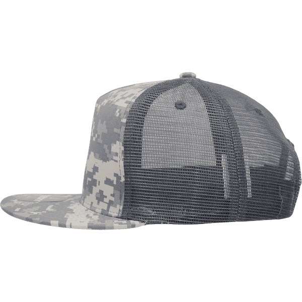 A grey camo patterned 5 panel high profile structured trucker cap with a mesh back and curved brim.