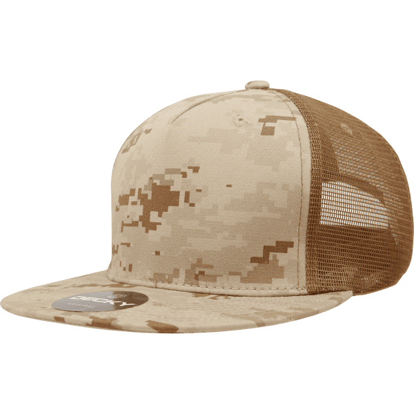 A tan and brown camo trucker cap with a mesh back and a flat brim, featuring a logo on the front.