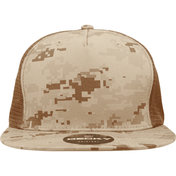 A high-profile structured trucker cap in a tan and brown camouflage pattern with a branded logo.