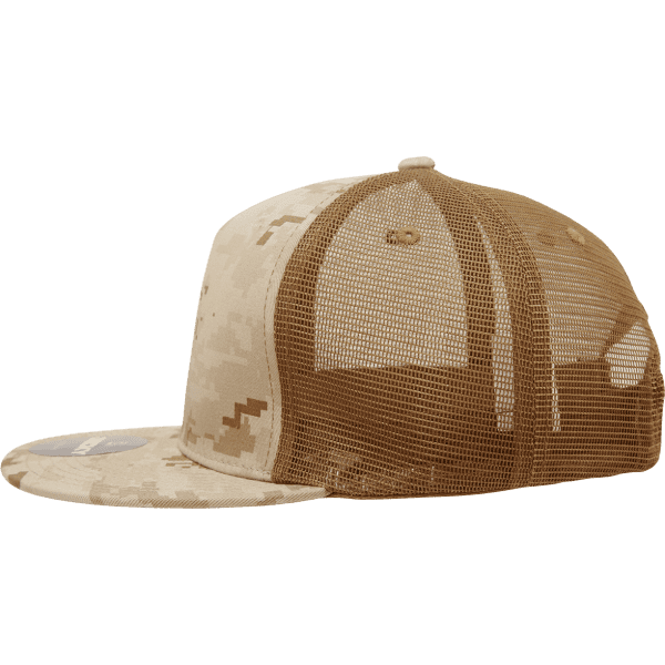 A structured 5 panel trucker cap with a camouflage pattern and a brown mesh back. It features a logo on the side.