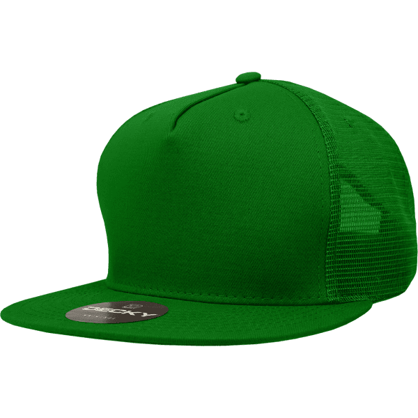 A green 5 Panel High Profile Structured Trucker cap with a mesh back and a logo on the front.