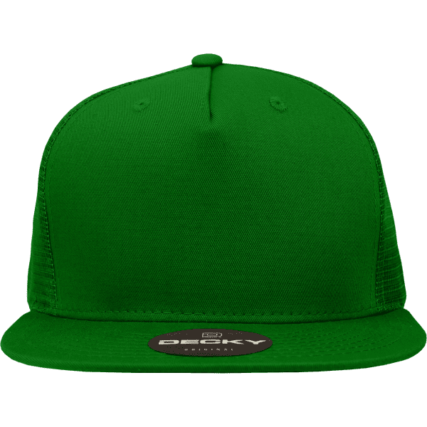A green 5 Panel High Profile Structured Trucker cap with a logo.