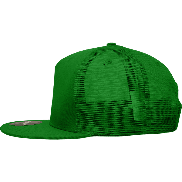 A green 5 Panel High Profile Structured Trucker hat with mesh back and a logo.