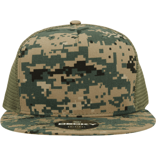 A 5 panel high profile structured trucker cap in camouflage colours with a logo on the front.