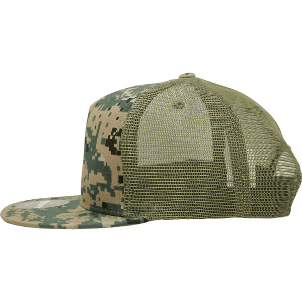 A high-profile structured trucker cap in camouflage patterns with a khaki mesh back and a curved brim.