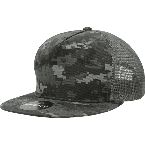 A grey camo 5 Panel High Pro Cotton/Poly Blend Trucker cap with a mesh back and a logo on the front.