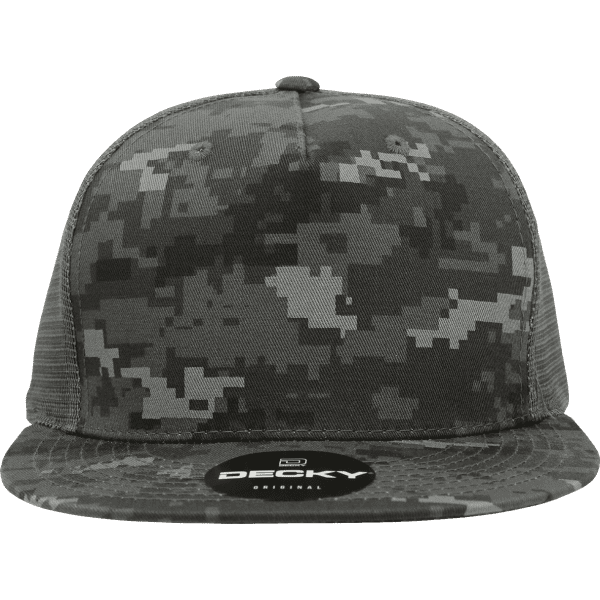 A grey camo trucker cap featuring a structured high profile and a branded logo on the front.