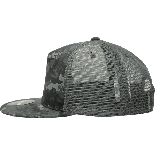 A grey camouflaged trucker cap with a structured high profile and mesh back, featuring a logo.
