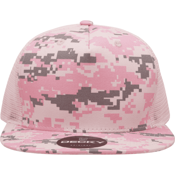 A pink camo trucker cap with a structured high profile and mesh sides, featuring a logo on the front.