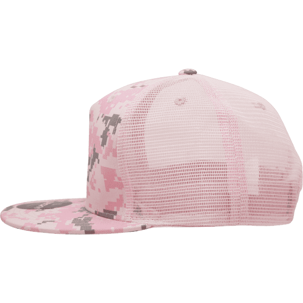A pink camo 5 panel high profile structured trucker cap with mesh panels and a curved brim. It features a logo.