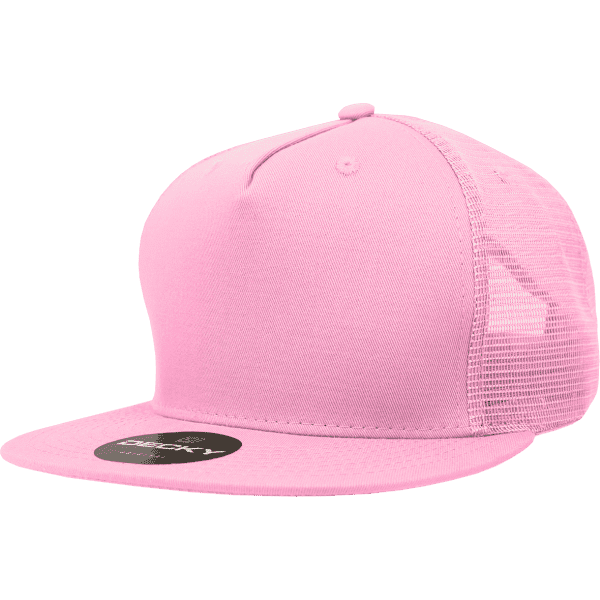 A pink 5 Panel High Pro Cotton/Poly Blend Trucker cap featuring a mesh back and a logo on the front.