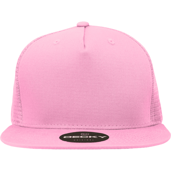 A pink 5 Panel High Profile Structured Trucker cap with a flat brim and mesh detailing, featuring a logo.