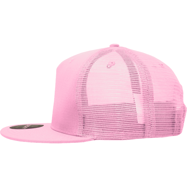 A pink 5 panel high profile structured trucker hat with a mesh back and a branded logo.