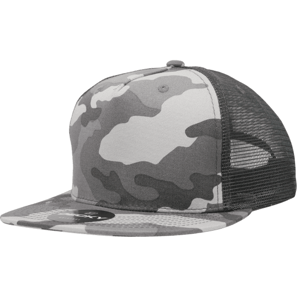 A grey and black camo trucker cap with a mesh back and a branded logo on the side.