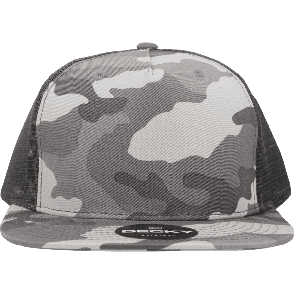 A grey camo trucker cap featuring a structured high-profile design and a mesh back with a logo.