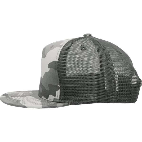A grey and white camouflage 5-panel high-profile structured trucker cap with a mesh back and a logo.