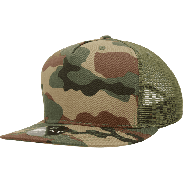 A camo-patterned trucker cap in shades of green and brown, featuring a mesh back and a logo.