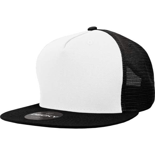 A black and white 5 Panel High Pro Cotton/Poly Blend Trucker cap with a mesh back and a logo on the front.