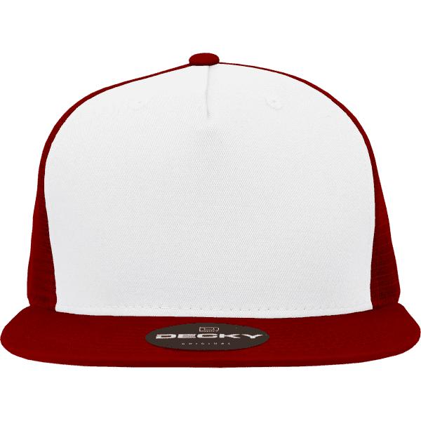 A red and white 5 Panel High Profile Structured Trucker cap with a logo on the front.