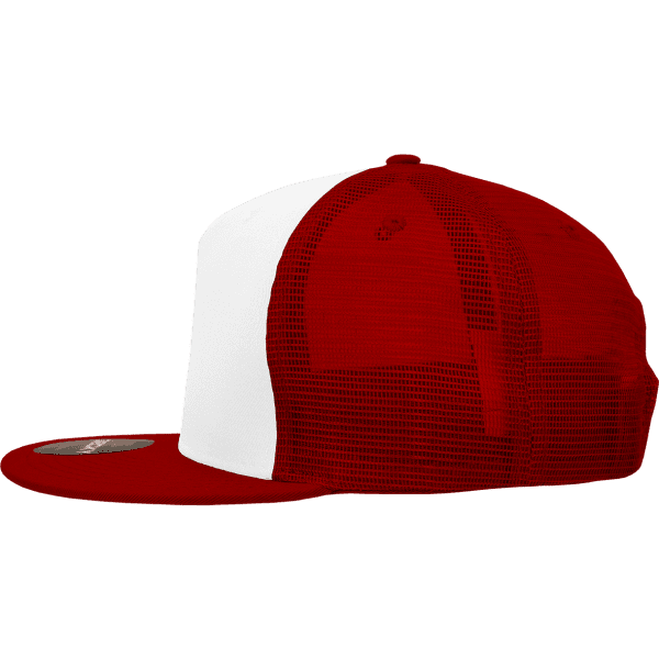 A red and white 5-panel high profile structured trucker cap with a mesh back and a logo.