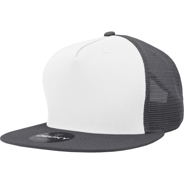 A 5-panel trucker cap in white and grey, featuring a mesh back and a flat brim, with a logo on the front.