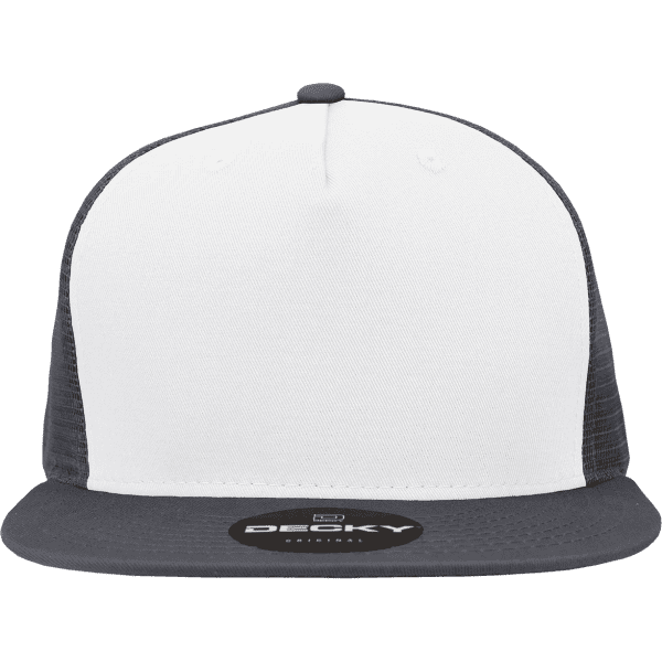 A structured trucker cap featuring a white front and dark grey mesh back with a logo on the front.