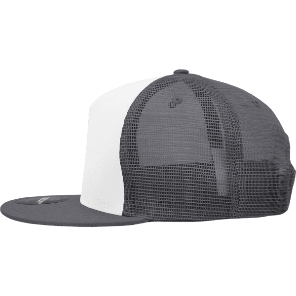 A grey and white 5-panel high profile structured trucker cap with a mesh back and a logo.